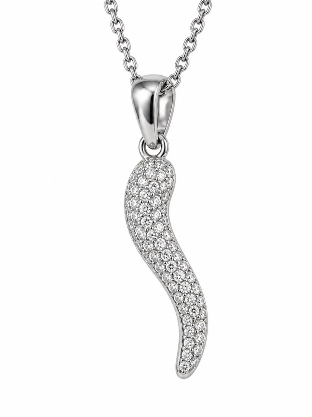 Luxury 925 Sterling Silver Moissanite Italian Horn Pendant‎ Necklace 18 inch
